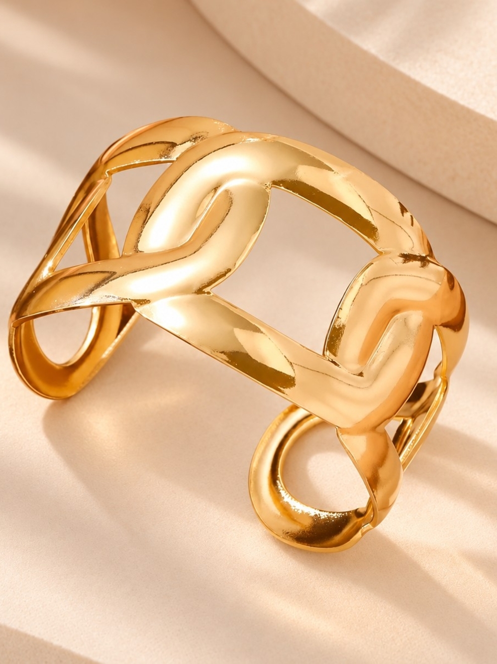 Polished Gold Link Cuff Bracelet for Women - Statement Chain Design